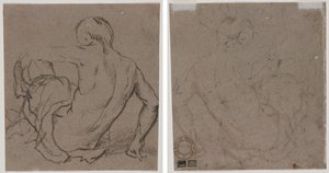 Mann som sitter på bakken, sett bakfra (recto); Skisse (verso) av Unknown artist