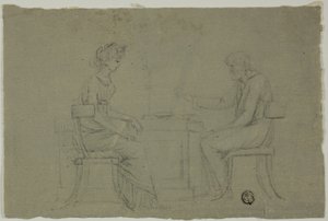 Mann og kvinne sitter ved bordet av Unknown artist