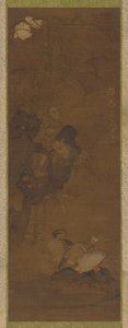 Mandarinender, steiner og en blomstrende plante av Unknown artist
