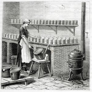 Produksjon av camembertost (ostemasse helles i blåskjell) - i "" Industriens underverk"" av Louis Figuier av Unknown artist