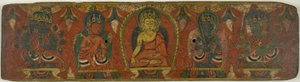 Manuskriptomslag med Buddha, to bodhisattvaer og to beskyttende guddommer (Lokapalas) av Unknown artist