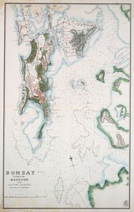 Kart over Bombay med havnen og tilstøtende land, også vist Arabiahavet og Persiabukta, ca. 1855 (blekk, akvarell) av Unknown artist