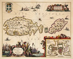 Kart over Malta og Gozo, ca. 1650 (farget gravering) av Unknown artist