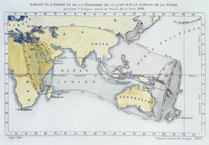 Kart, utgitt av Bureau of Longitudes, som viser marsj av månens skygge og mørke på jordens overflate under formørkelsen i 1868 av Unknown artist