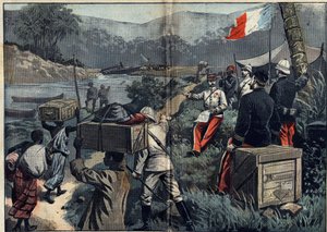 Marchand Mission in Africa (1896-1899): the expedition taking possession of the Upper Nile in 1898. Launch of the demontable steam “” le Faidherbe”” on the M