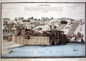 Marly de Rennequins maskin pleide å kjøre vannet i Seinen til Versailles via Marly-akvedukten. Gravering fra 1700. av Unknown artist