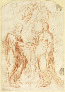 Jomfru Marias ekteskap (recto); skisser av nedre ansiktshalvdel i profil (verso) av Unknown artist