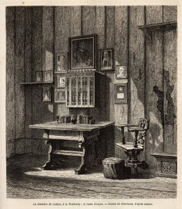 Martin Luthers rom (1483-1546) i Wartburg hvor han søkte tilflukt etter sin ekskommunikasjon i 1521, med hans portrett og de av foreldrene over skrivebordet, under hvis øyne han oversatte Bibelen til tysk og omredigerte sine mest kjente tekster. Blekket av Unknown artist