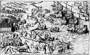 Møte mellom folket til Christopher Columbus og kannibalene - i "Nova Tipus Transacto Navigatio Novi Orbi"" av Philoponus Honorius av Unknown artist