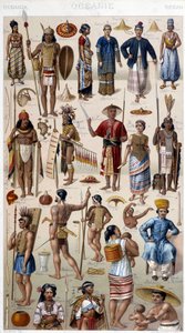 Menn og kvinner som representerer de forskjellige folkene i Oceania. 1800-talls gravering. av Unknown artist