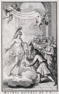 Menn ser på seg selv uten maskene foran speilet av allegorien om sannheten. Gravering fra 1700-tallet. av Unknown artist