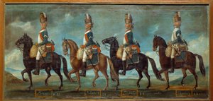Militære uniformer av drager, i henhold til rekkefølgen av 1779: regimenter av Lanan (n. 20), Belsunce (n. 21), Languedoc (n. 22), Schomberg (n. 24) Anonymt maleri av 1779. Paris, Musee de l