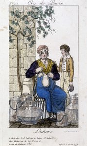 Melk som heller melk i en flaske for en ung mann - i "" Cris de Paris"", deb. 1800-tallet av Unknown artist