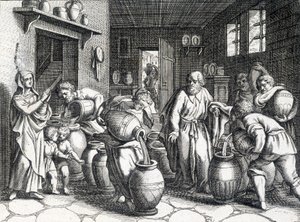Mirakel av Elisee, bibelsk profet og disippel av Elia som med kappen sin formidler sin ånd og krefter til ham. Gravering fra 1724. av Unknown artist