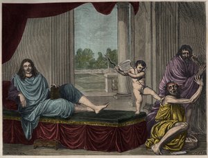 Moliere Jean Baptiste Poquelin (1622-1673) som fremkaller komediens ånd for å forkaste laster og avskaffe hykleri - Gravering etter et maleri som forsvant fra 1600-tallet av Unknown artist
