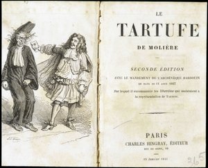 Moliere skremmer en prest ved hjelp av en teatermaske - Frontispice du “Tartuffe”” (Tartufe) de Molière, red. Hingray, Paris av Unknown artist