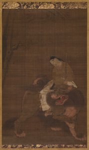 Monju som et barn som rir på en løve av Unknown artist