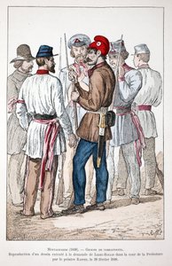 Montagnards (1848), en gruppe jagerfly, hvorav en bærer den frygiske hetten og den revolusjonerende kokarden. Eau forte en couleurs, reproduksjon av en tegning utført på forespørsel fra Alexandre Ledru-Rollin (Ledru Rollin) (1807-1874) på gårdsplassen til av Unknown artist