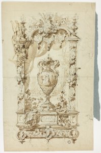 Monumental vase i ornamental ramme (rekto); skisse av stående mann med parasoll og papegøye, og arkitekturstudier (verso) av Unknown artist