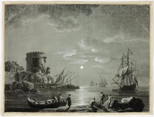 Måneskinnsscene i fiskehavnen av Unknown artist