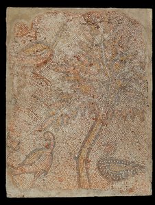 Mosaikkfragment med tre fugler og et tre av Unknown artist