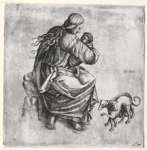 Mor og barn med to hunder av Unknown artist
