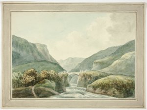 Fjellby ved bro over stryk av Unknown artist