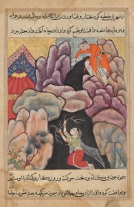 Mukhtar kaster kona Maimuna i gropen, men hun redder seg selv fra en Tuti-nama (Tales of a Parrot): Twenty-fifth Night av Unknown artist