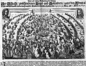 Sjøslaget ved La Hougue (1692) som motarbeidet hæren til Ludvig XIV til Holland. Gravering. 18. århundre. av Unknown artist