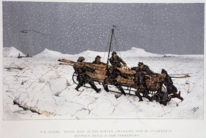 Nær elven, Gulf of St. Lawrence: båt på slede, nær Brule og Cape Tormentin - i "" Skisser av kanadisk sport og tidsfordriv"" av Lieut. Henry Buckton Laurence av Unknown artist