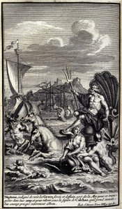 Neptun, som er uverdig til å se grekernes styrker og gjerninger, forlater havet for å frakte seg til leiren deres, og for å reise seg opp under figuren til Calchas som han så tar, deres mot nesten fullstendig ødelagt. Illustrasjon av bok XIII av Iliaden av av Unknown artist