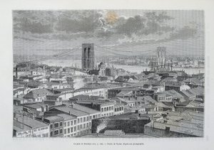 New York og Brooklyn Bridge under bygging - i "" The World Tour"", 2. Sem. 1881 av Unknown artist