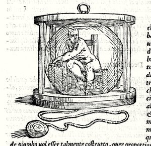 Nicoli Fontanas andre drakt kalt Tartaglia (1499 - 1557). Det sørger for en krystallkule der dykkeren lukker seg. Gravering 1500-tallet. av Unknown artist