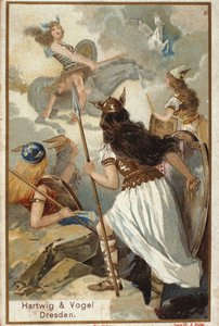 Nordisk mytologi: Walkyries (jomfrukrigere) i Valholl (eller Walhalla, Valhalla, Valhalle: sted hvor modige krigere blir brakt) og krigeres fall i kamp. kromolitografi fra 1800-tallet av Unknown artist