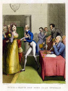 "Ikke alle idioter er på sykehuset." Illustrasjon fra en samling av ordtak fra 1700-tallet av Unknown artist
