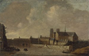 Notre-Dame og erkebiskopens palass, sett fra Quai de la Tournelle, cirka 1640, dagens 4. arrondissement, mellom 1635 og 1645 (olje på tre) av Unknown artist