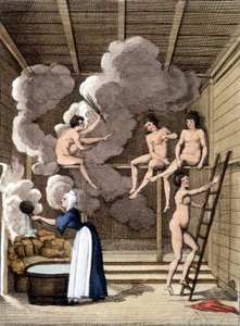 Nakenfigurer i en filandansk badstue. Gravering fra 1811 inkluderer en bok om reisen.