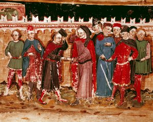 Tjenestemenn for miniatyrgabellen fra manuskriptet (Ms. H V-5) "Codex de Privileges"" av Unknown artist