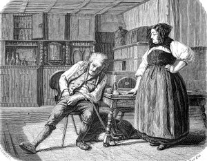 Gammel mann på et vertshus i Frankrike, ser i lommen etter penger for å betale regningen av Unknown artist