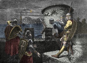På utkikk etter nordmenn - varegue-vakten (Varangian) observerer horisonten bak festningsverkene av Unknown artist
