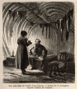 En natt i magen til en hval blir forfatteren ønsket velkommen under sin reise i en boer, hjemmet til fiskere, hvis ramme og møbler er laget av skjelettet til den enorme hvalen og av skinn fra sel, hester og hunder. Gravering for å illustrere vo av Unknown artist