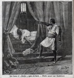 Othello drepte nettopp Desdemona i sengen hans. Scene fra operaen "" Othello"" av Giuseppe Verdi (1813-1901) Gravering i "" Le Parisien"" av Unknown artist