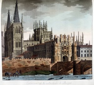 Utenfor den gotiske katedralen Saint Mary i Burgos i Spania. Litografi fra 1800-tallet. av Unknown artist