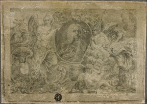 Oval portrettbyste holdt av allegoriske figurer av Unknown artist