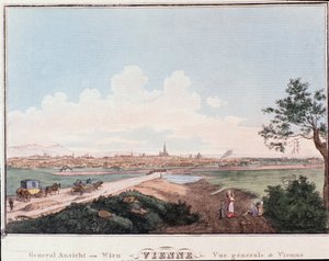 Oversikt over byen Wien med bro som krysser Donau. Østerrike Gravering fra 1830 privatsamling av Unknown artist