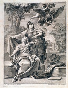 Side av frontispice av partituret til "" Opus 1 "" (12 store konserter) av Pietro Locatelli (1695-1764) - Noter til "" 12 grossos konserter "av Locatelli 1721 Bologna, borgerlig musikkmuseum av Unknown artist