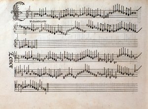Side med musikalsk partitur av Harmonice Musices Odhecaton av Ottaviano Petrucci (1501) av Unknown artist
