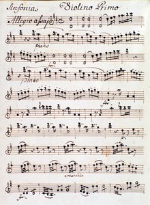 Side av notene for den første fiolinen til symfoni nr. 4 i D, av Mozart (1765) av Unknown artist