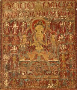 Malet banner (Thangka) av Bodhisattva Manjushri med Vajrapani (høyre) og Padmapani (venstre) av Unknown artist