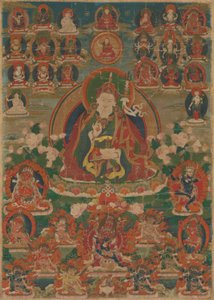 Malt banner (Thangka) av Sage Guru Padmasambhava sittende og holder en Thunderbolt (Vajra) og Skull Cup (Kapala) av Unknown artist